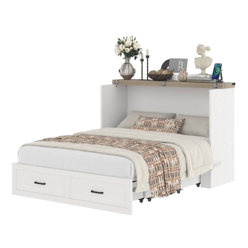Queen/Full Size Murphy Cabinet Bed - Foldable Platform Bed with Charging Station & Large Storage Drawer