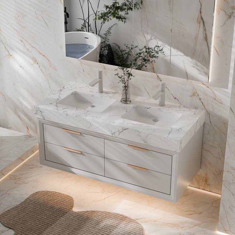 Modland 48" Floating Double Sink Bathroom Vanity with White Stone Countertop, Soft-Close Drawers, LED Lighting