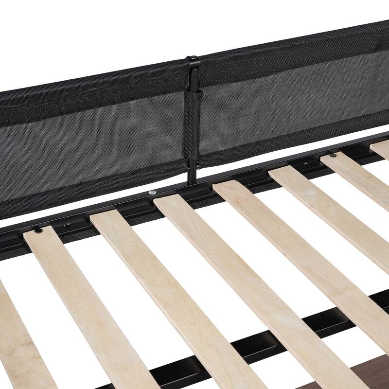 Full Size Metal Loft Bed with Built-in Desk, Shelves & Textilene Guardrail - Space Saving Design with Noise-Free Wood Slats