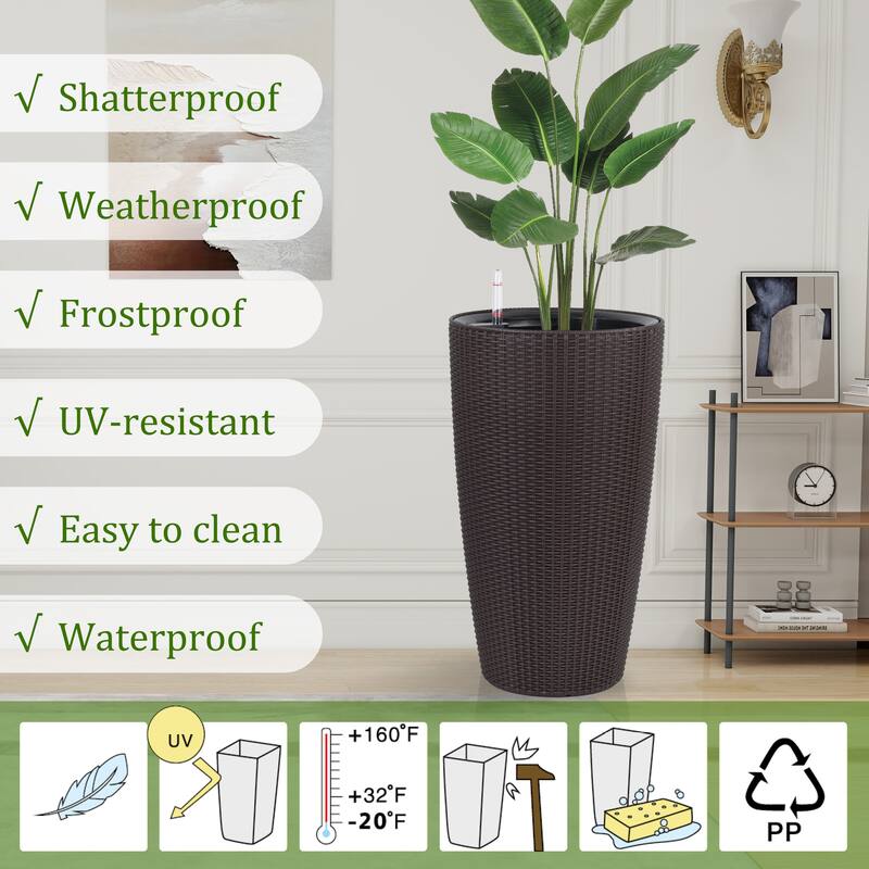 Indoor/Outdoor Modern Faux Rattan Design Square Planter, 30-Inch White Plastic Large with Automatic Watering System 1 Piece