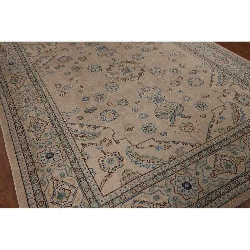 Vegetable Dye Oushak Turkish Rug Floral Hand-Knotted Wool Carpet - 7'8"x 9'10"