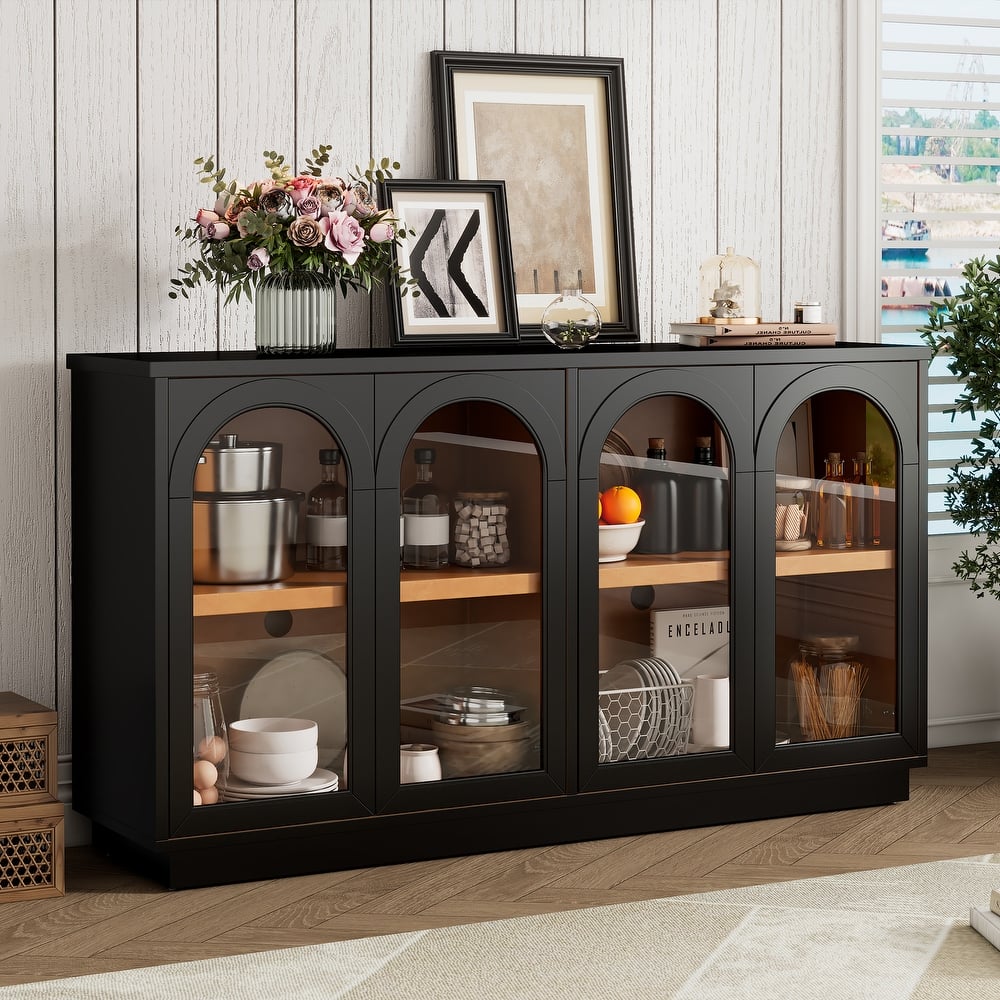 Storage Cabinet Buffet Sideboard with 4 Arched Glass Doors, Wood Accent Entryway Table with Adjustable Shelves