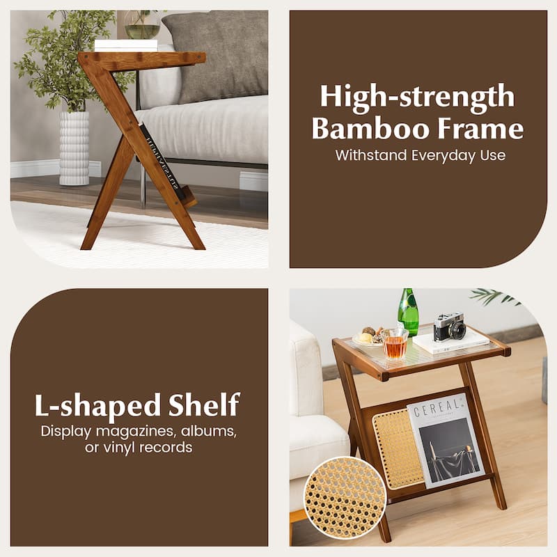 Gymax 2 Pieces Boho End Table with Magazine Rack Versatile Bamboo