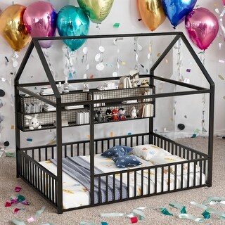 Space-Saving Full Size Kids Bed House Bed with Fence and Shelves