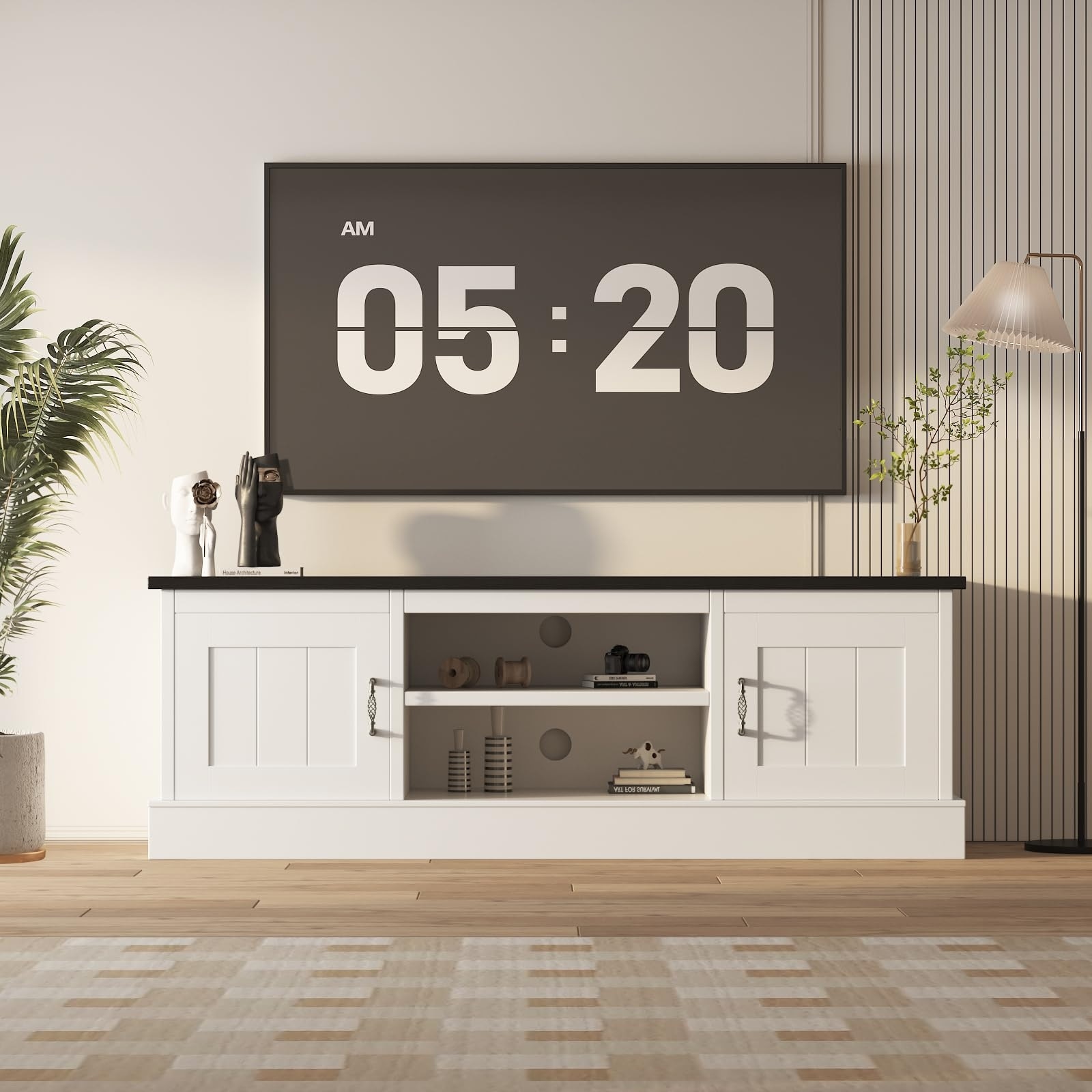 65" Farmhouse TV Stand for TVs up to 65", Wood Entertainment Center with Storage Cabinets & Adjustable Shelves