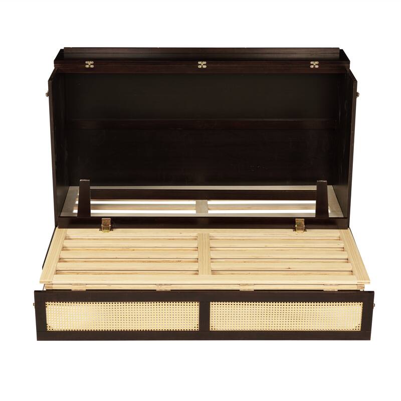 Queen Size Pine Wood Murphy Cabinet Bed with Rattan Decoration and Storage Drawer, Espresso