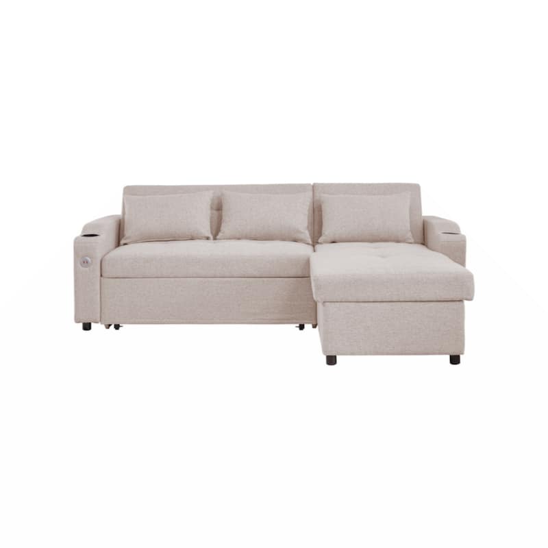 84"Adjustable Backrest Sofa Bed,3 in 1 Linen Sleeper with USB Ports & Cup Holders, Pull Out Couch Bed with Storage Chaise