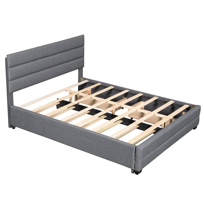 Upholstered Queen Size Platform Bed with 2 Storage Drawers and Twin Trundle Bed, Wood Queen Bed Frame with Linen Fabric