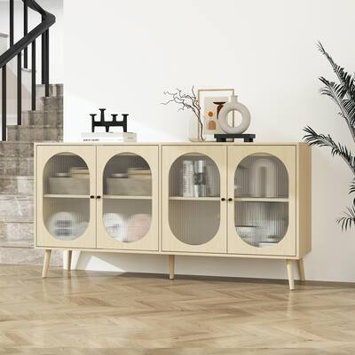 4 Door Sideboard Accent Cabinet w/ Adjustable Shelves, TV Console Cabinet Storage Cabinet for Living Room Hallway, Natural Wood