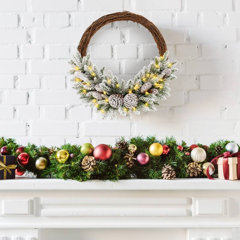 24" Pre-Lit Snow Flocked Christmas Wreath with LED Lights and Pine Cones - Dia 24"