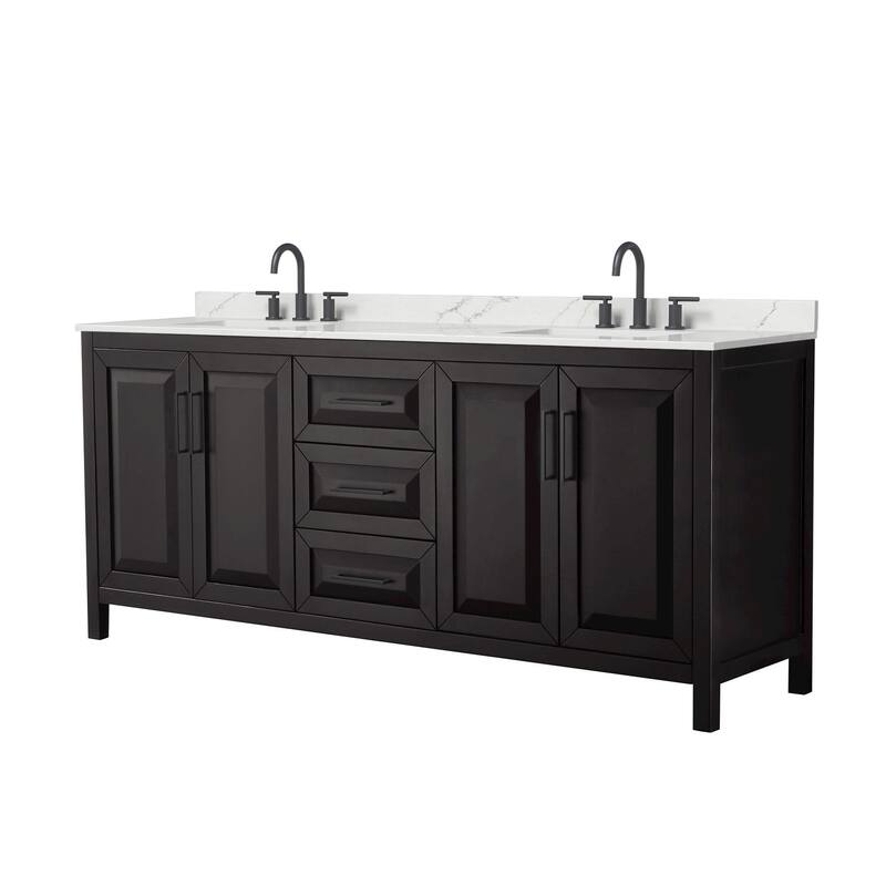 Daria 80-inch Double Vanity, 3 Hole Quartz Top - Dark Espresso, Black Trim, Giotto Quartz Top