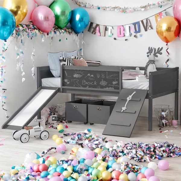 slide 2 of 18, Twin size Loft Bed Wood Bed with Double-sided Chalkboard, Grey Grey