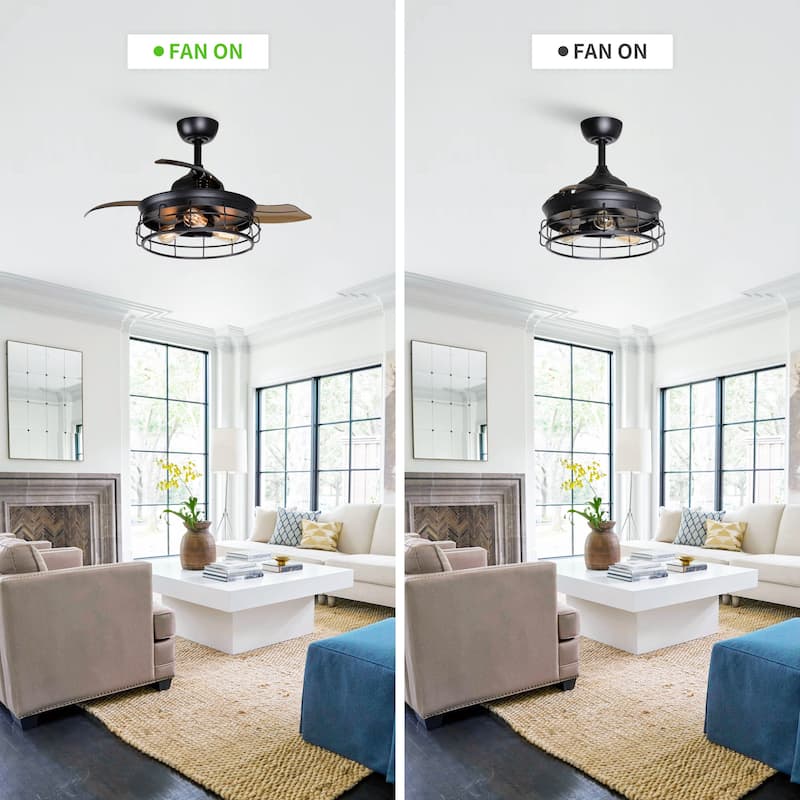 36" Modern Black Retractable Ceiling Fan with Light Kit and Remote - 36 in