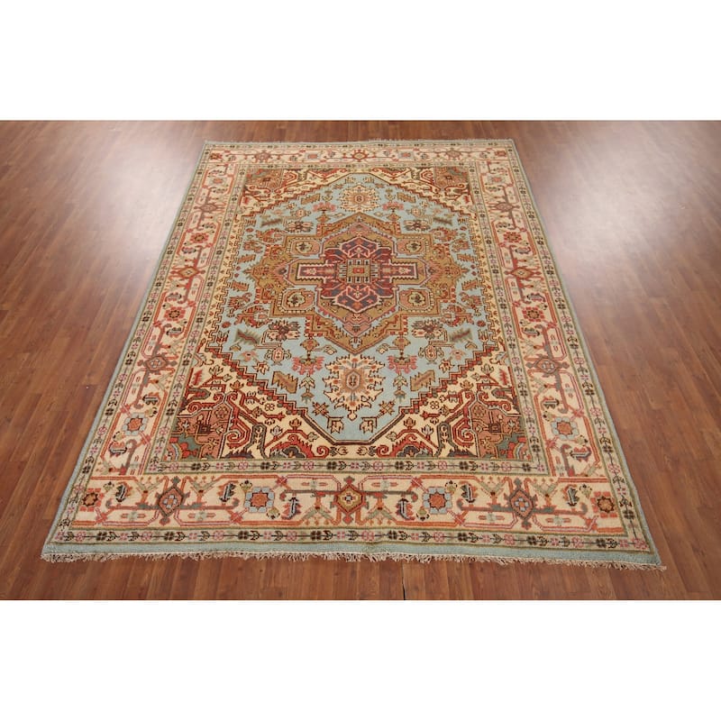 Light Blue Heriz Serapi Area Rug Handmade Wool Carpet - 7'9"x 9'11"