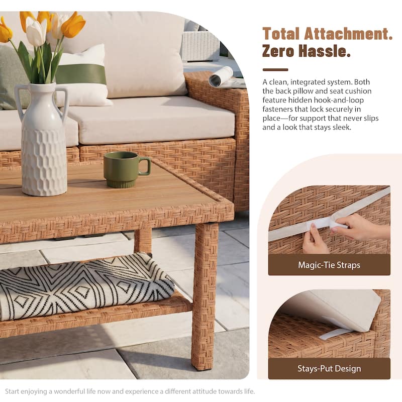 4-Piece Outdoor Conversation Set with Swivel Chair and 3-Seater Sofa with Soft Cushion and Coffee Tables PE Wicker Rattan