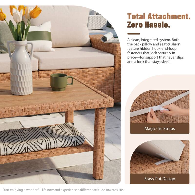 Outdoor Conversation Set 4-Piece with Swivel Chair and 3-Seater Sofa with Cushion and Coffee Table PE Wicker Rattan