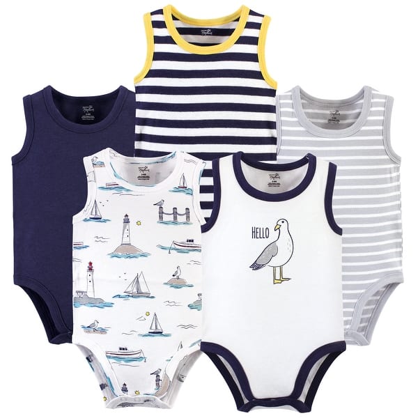 slide 1 of 1, Touched by Nature Baby Boy Organic Cotton Bodysuits 5pk, Seagull 0-3 Months - Seagull