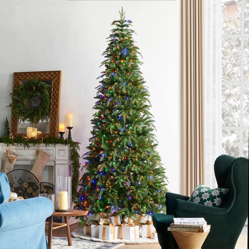 Glitzhome 7.5FT/9FT/11FT/15FT Pre-Lit Green Slim Fir Artificial Christmas Tree with Remote Control - 9FT