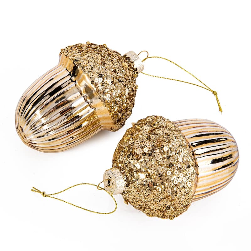 Acorn Gold Glass Christmas Tree Ornament Set of 2 - 2.95 х 4.13"