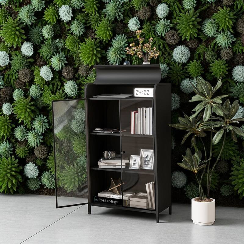 47.6" Metal Storage Cabinet with Glass Doors, Flip-Top & Open Shelves, Freestanding Buffet for Kitchen