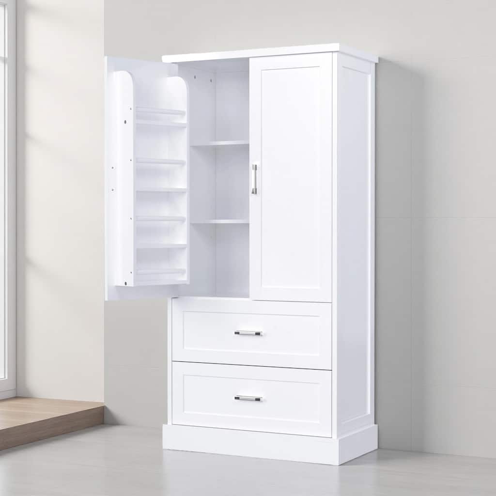 64"H Tall Bathroom Storage Cabinet with Two Doors and Drawers, Adjustable Shelf, MDF Board