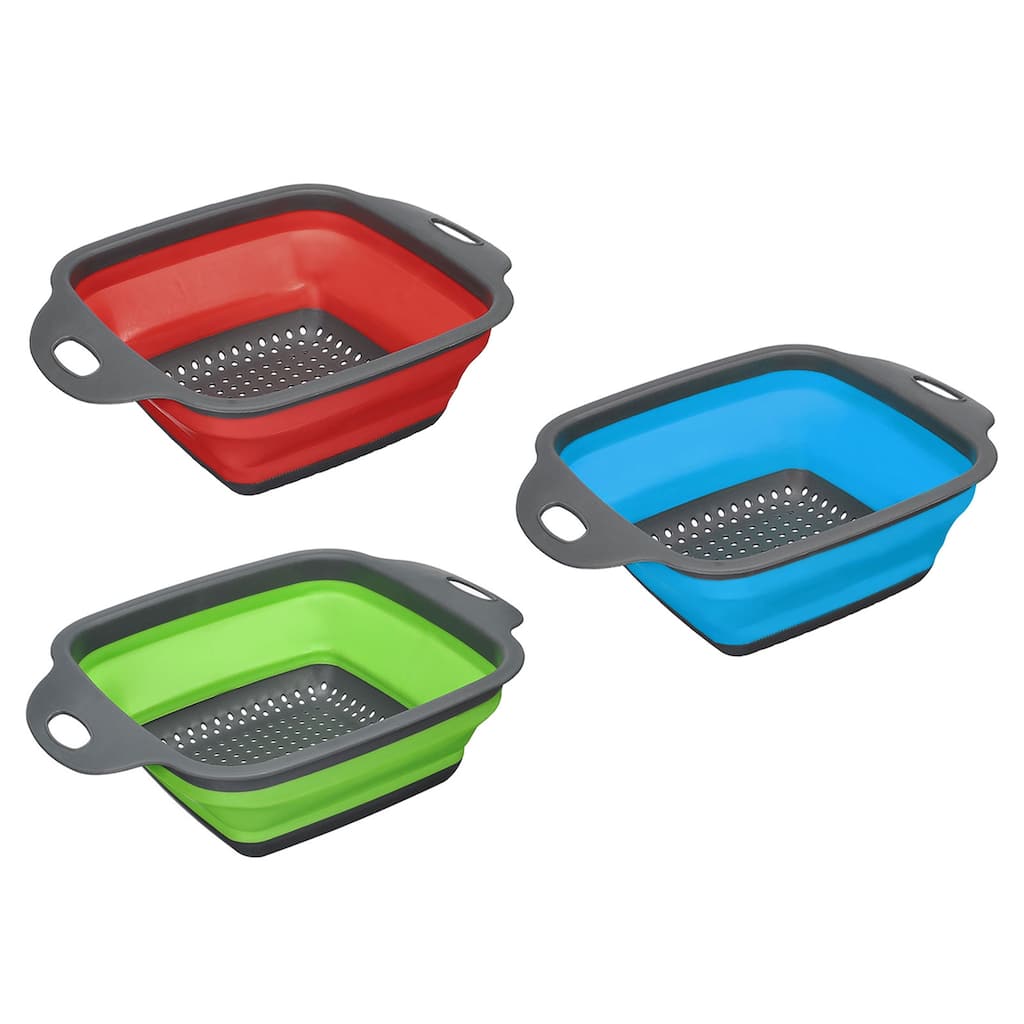 Collapsible Colander Set, 3 Pcs Silicone Square Strainer - red blue green - 24cm x 18.4cm x 7.5cm