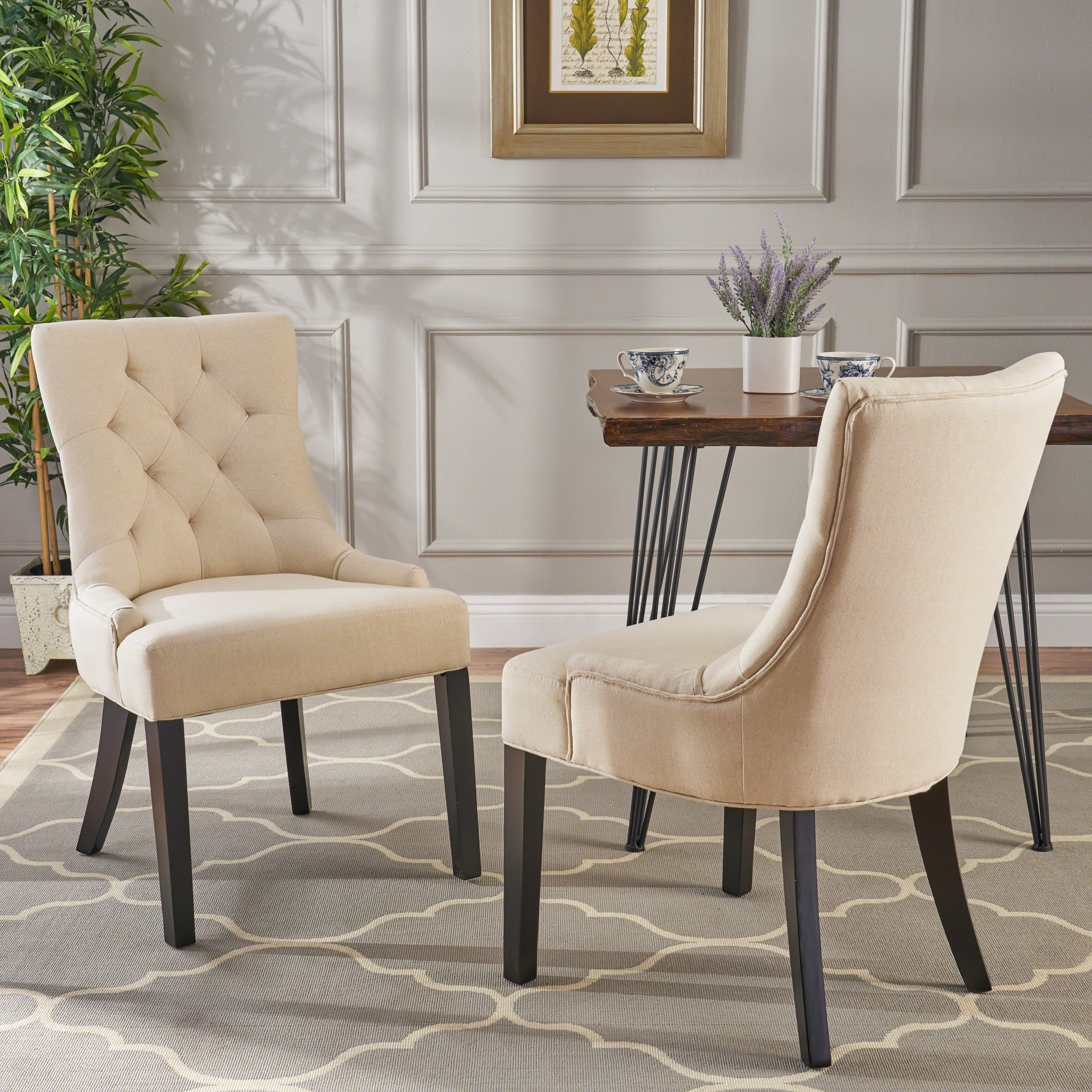 Roomfitters Tufted Upholstered Dining Chairs with Sloped Back and Black Wooden Legs, Set of 2