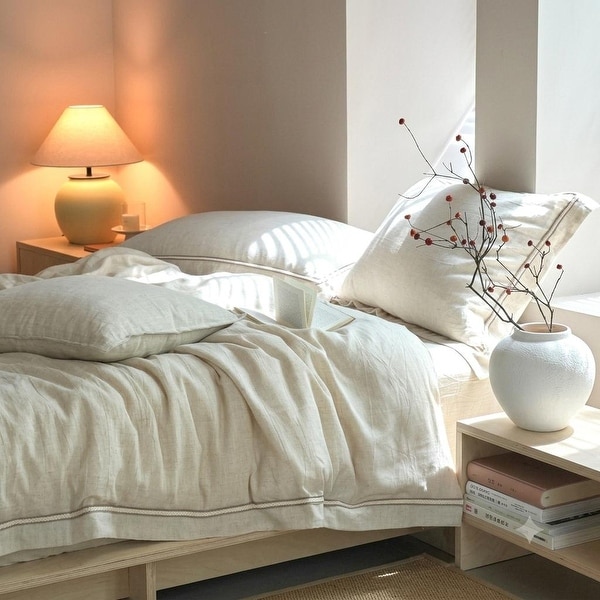 Manjusaka Linen Tencel Duvet Cover With Pillowcase Beige- Top