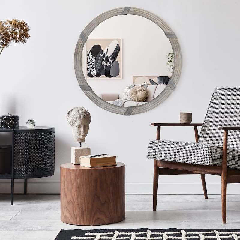 30.75" Farmhouse Wood Wall Round Mirror for Wall Decor