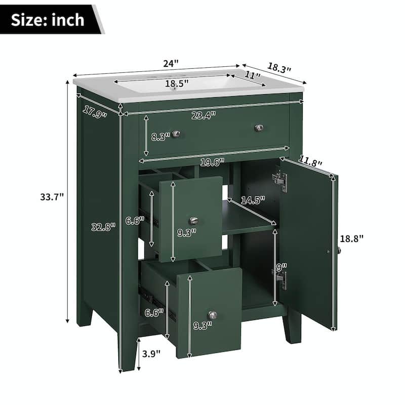 24" Modern Bathroom Vanity with Ceramic Basin - Restroom Sink Cabinet with 2 Drawers
