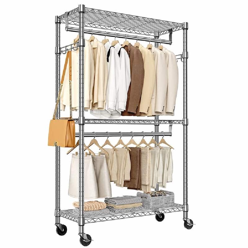 Heavy Duty Rolling Garment Rack with Wheels, 3-Tier Adjustable Wire Shelving, Clothes Rack with 2 Rods & Side Hooks - Chrome