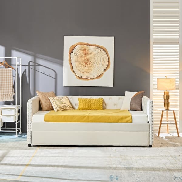 slide 2 of 4, Twin Velvet Daybed with Button and Copper Nail with Trundle, Beige Beige with Trundle - Twin
