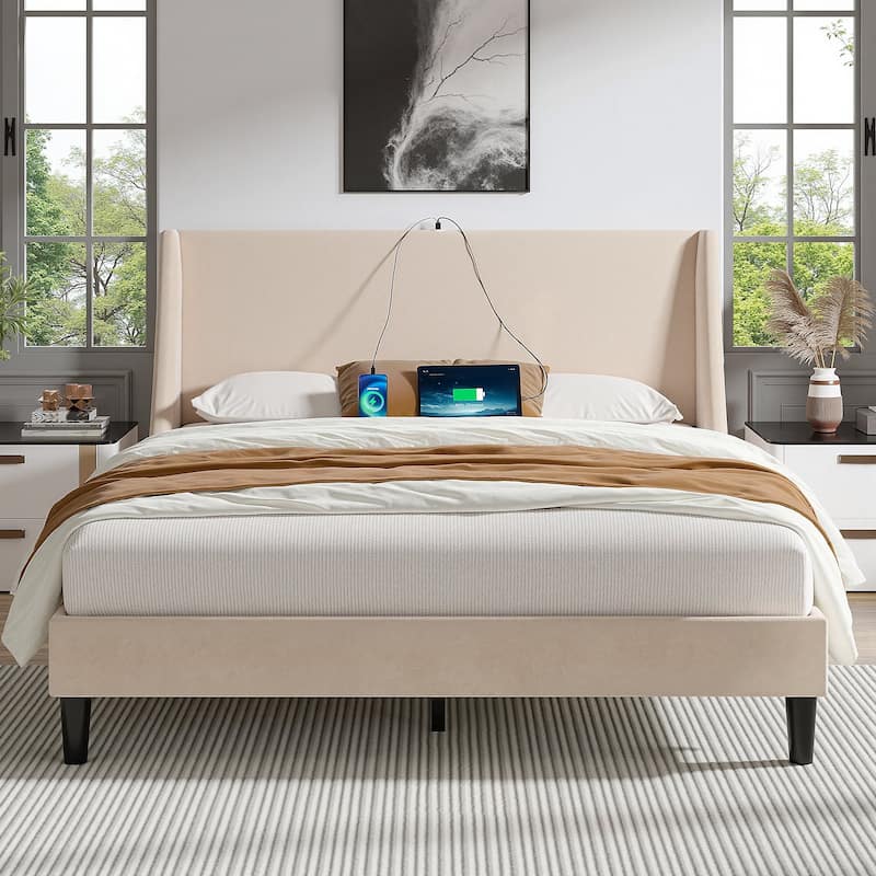 VECELO Bed Frame with Upholstered Wingback Headboard,Platform Bedframe with Charging Station & Side Pockets - Beige - Queen