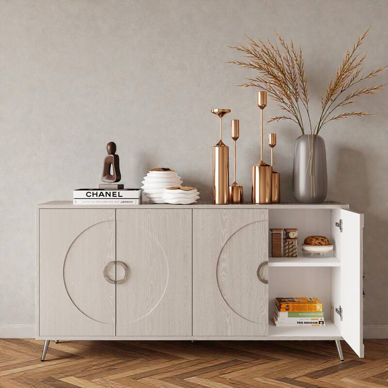 Modern Champagne Silver Lacquered 4-Door Sideboard Buffet with Adjustable Shelves, Engineered Wood Storage Cabinet