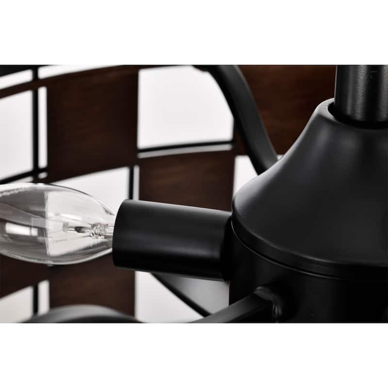 Frenda 18-Inch Matte Black and Wood Grain Finish Lighted Fandelier Checkerboard Drum Shade with REMOTE