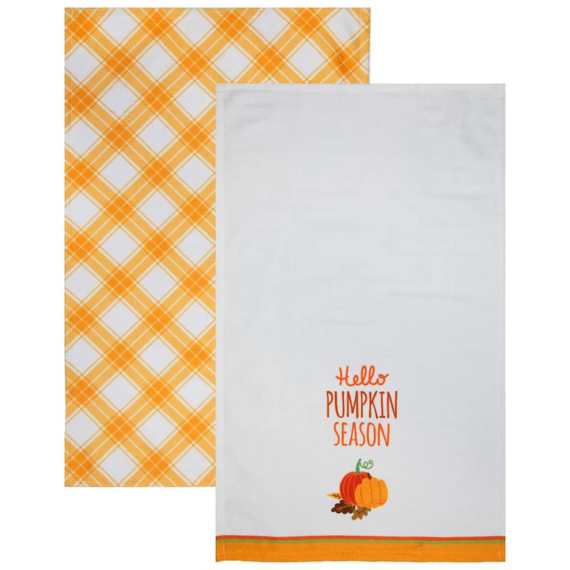 Hello Pumpkin Season and Plaid Fall Harvest Kitchen Tea Towels - 26" - Set of 2