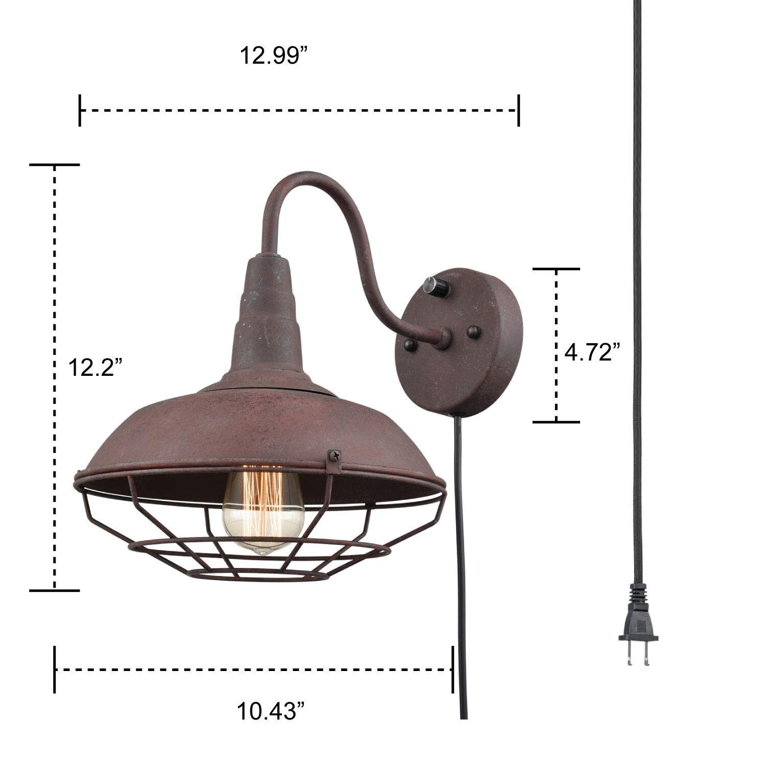 Rustic Wire Cage Gooseneck Wall Sconce Vintge Industrial Plug In Wall Light Fixture Antique Rust