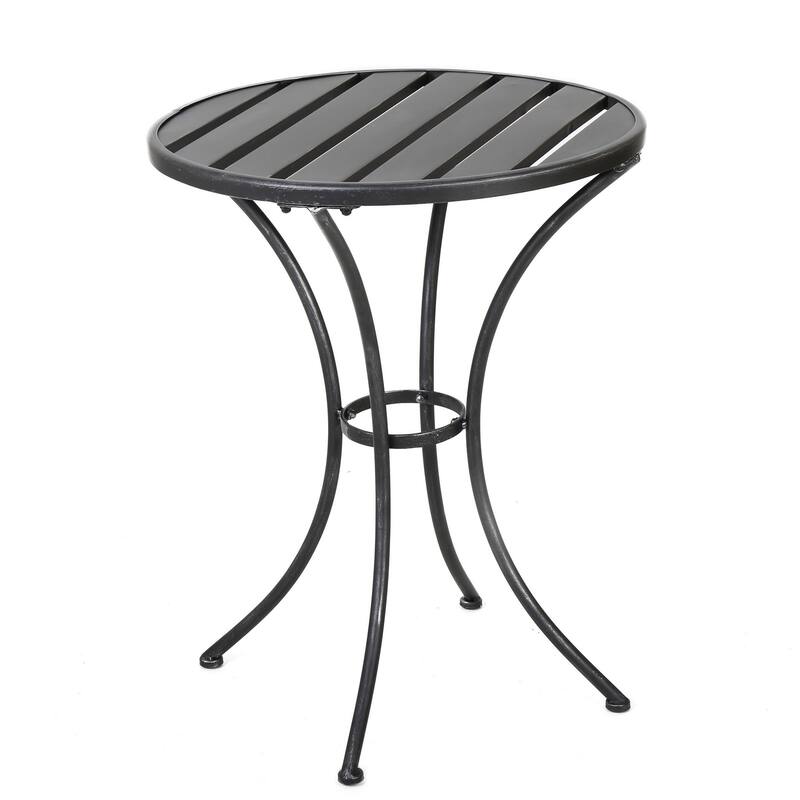 Rune Outdoor Bistro Set, 2 Chairs, Round Slatted Table, Black Iron