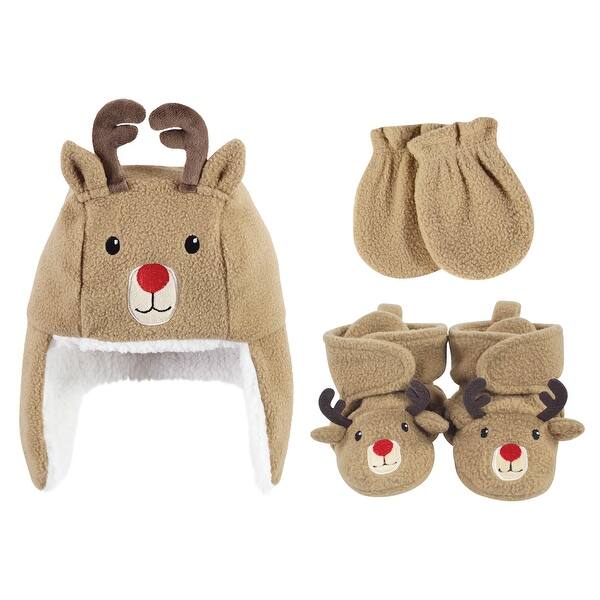 slide 2 of 2, Hudson Baby Infant Boy Trapper Hat, Mitten and Bootie Set, Reindeer 0-6 Months - Reindeer