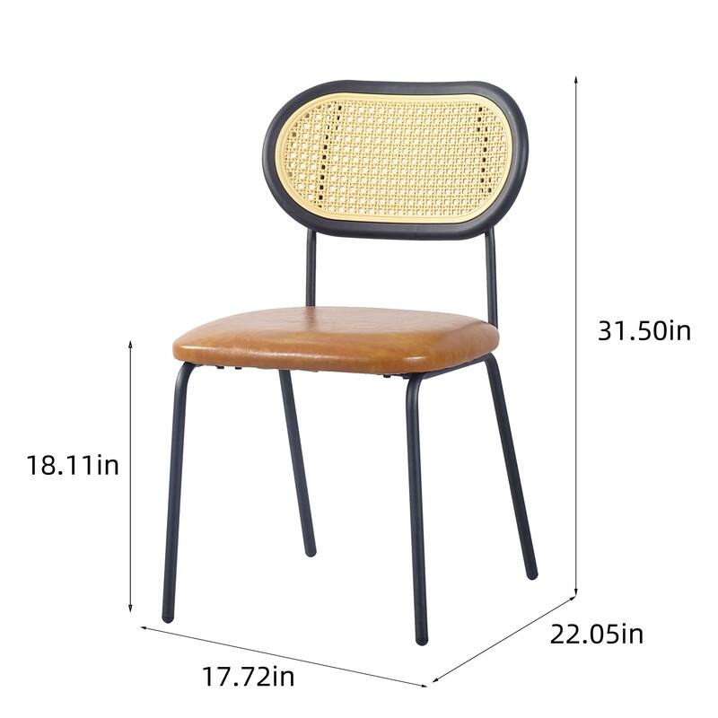 Mid Century Boho Rattan Dining Chairs Set Of 2, Stylish Upholstered Accent Chairs with PU Leather Cushion, Armless Side Chairs