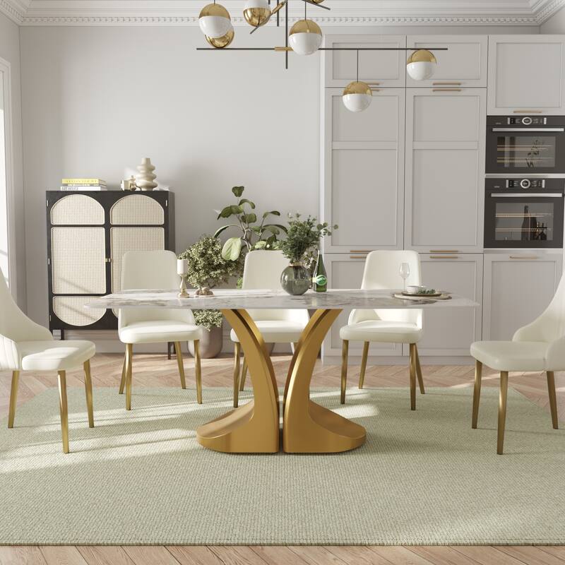 70-Inch Rectangle Marble Dining Table, Modern Sintered Stone Kitchen Dinner Table with Gold Finish Metal Base for 6-8