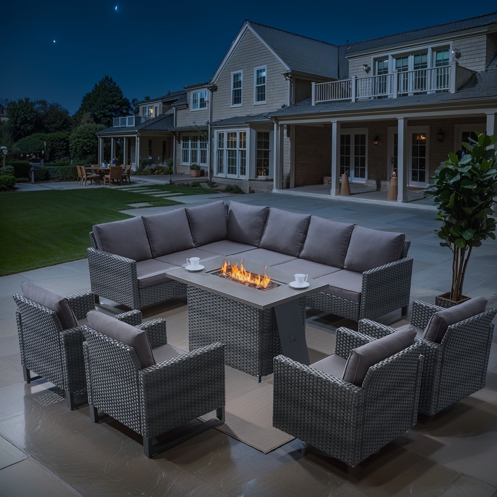 Patio Sofa Chairs Set with Fire Pit Table - Grey cushion