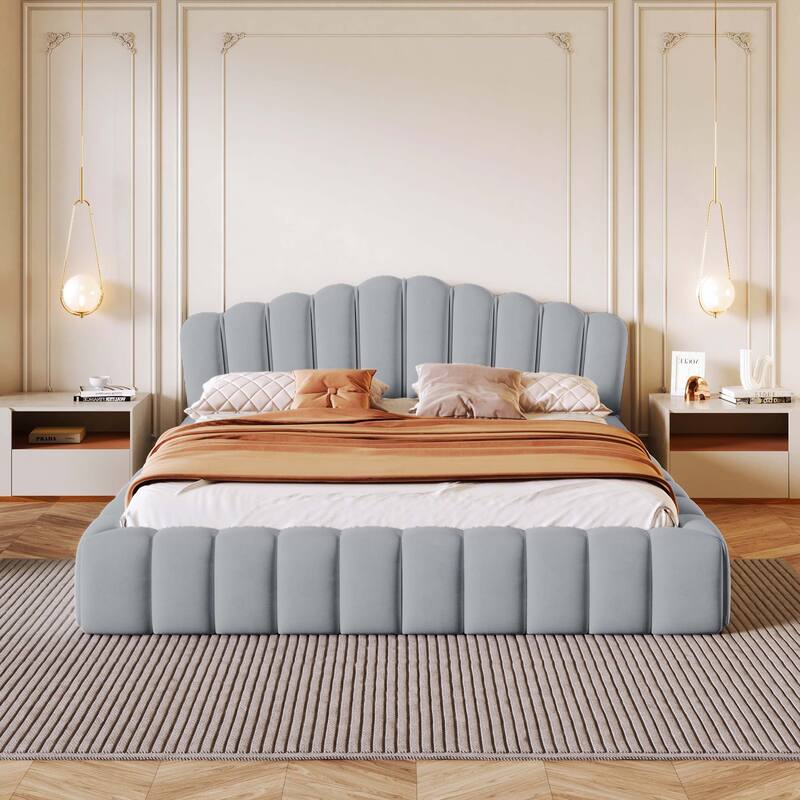 Velvet Upholstered Floor Bed Frame Shell-Shaped Headboard - Light Blue - Queen