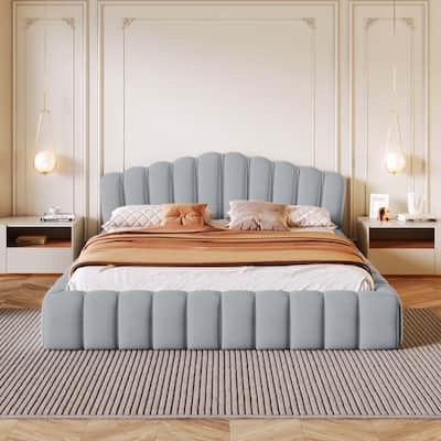 Velvet Upholstered Queen Bed Frame Shell-Shaped Headboard for Bedroom