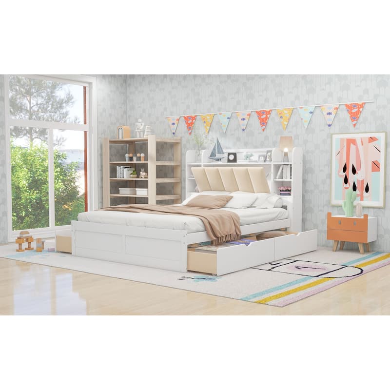 Queen Size Platform Bed with Upholstery Headboard, Solid Wood Storage