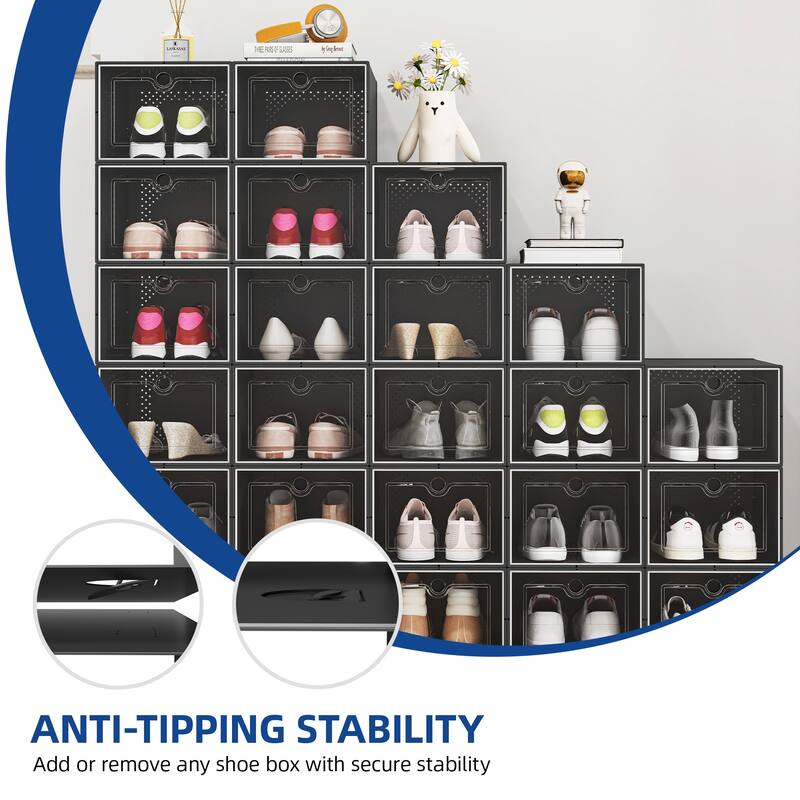 Moasis 24Pcs L Black Shoe Storage Storage Boxes with Clear Plastic, Sneaker Containers, Playthings Storage Organizer Bins