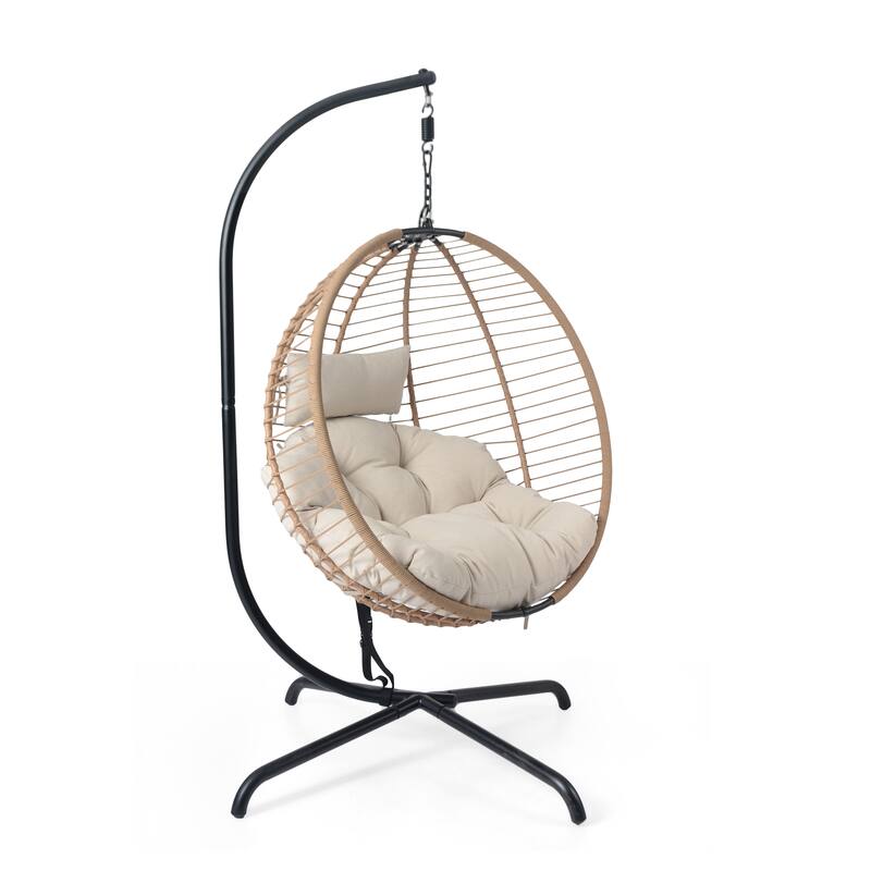 Roomfitters Sora Outdoor Wicker Hanging Chair with Stand and Beige Cushion, Brown Rattan Swing - Single Unit