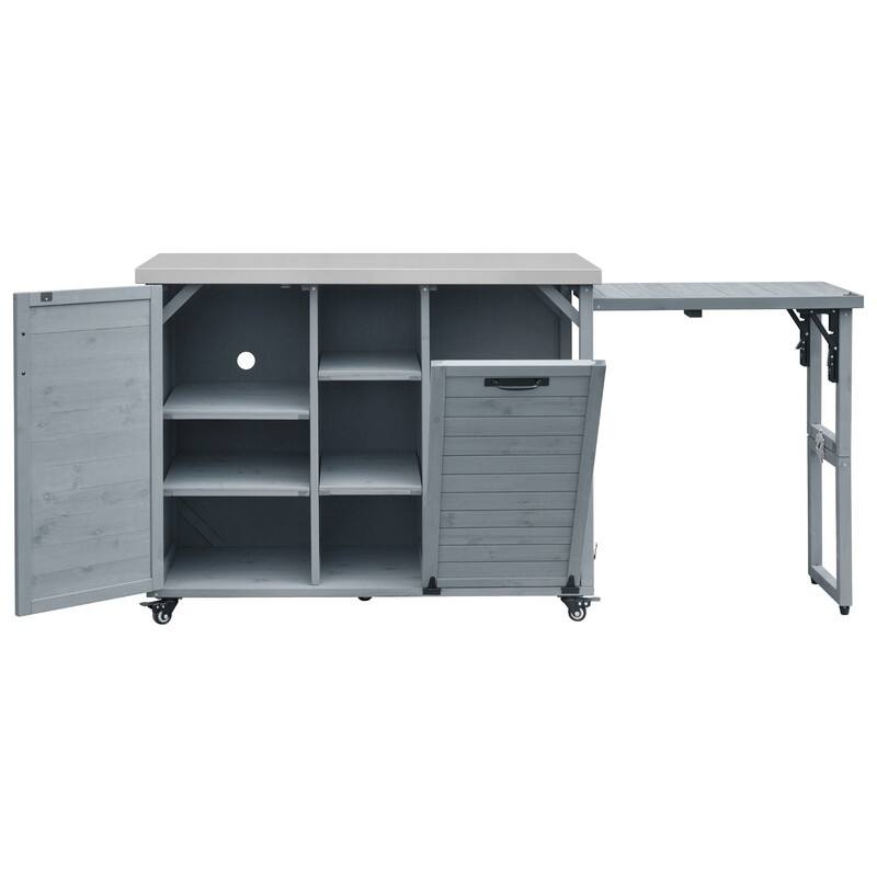 78.3" Outdoor Kitchen Island with Extendable Table, Trash Can Storage and Stainless Steel Top for BBQ Cooking