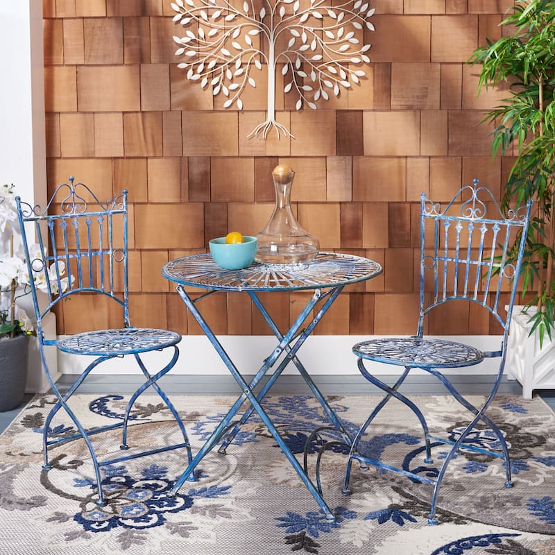 SAFAVIEH Outdoor Saige Victorian Iron 3-Piece Bistro Set - 28Wx28Dx38H - Antique Blue