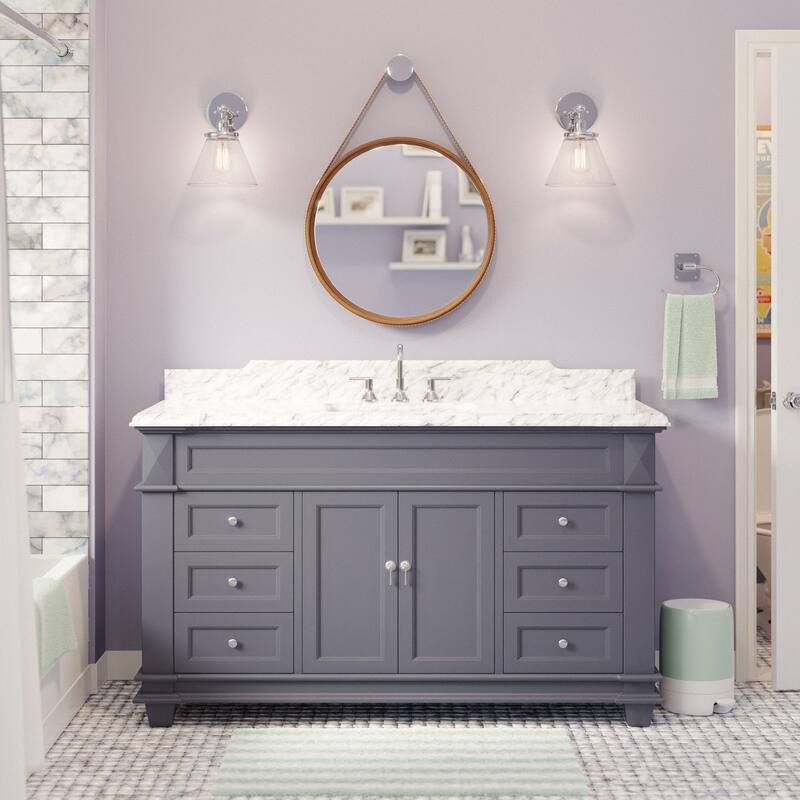 KitchenBathCollection Elizabeth 60" Single Bathroom Vanity with Carrara Marble Top - Marine Gray